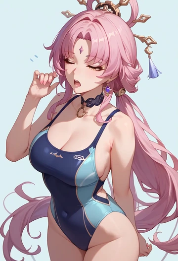 star rail,fu xuan,racerback swimsuit,striped trim,name tag patch  - AI generated anime art